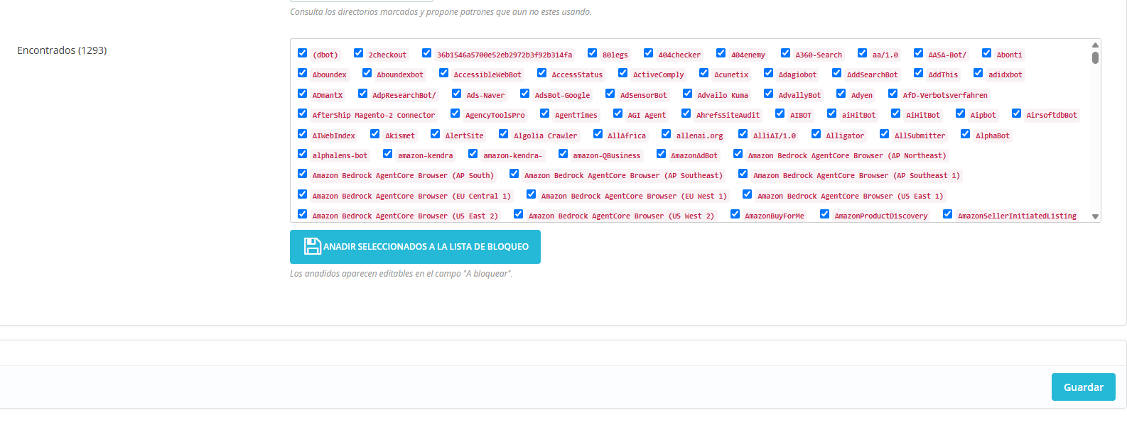 Listado de bots encontrados por Cloudflare Radar listos para bloquear